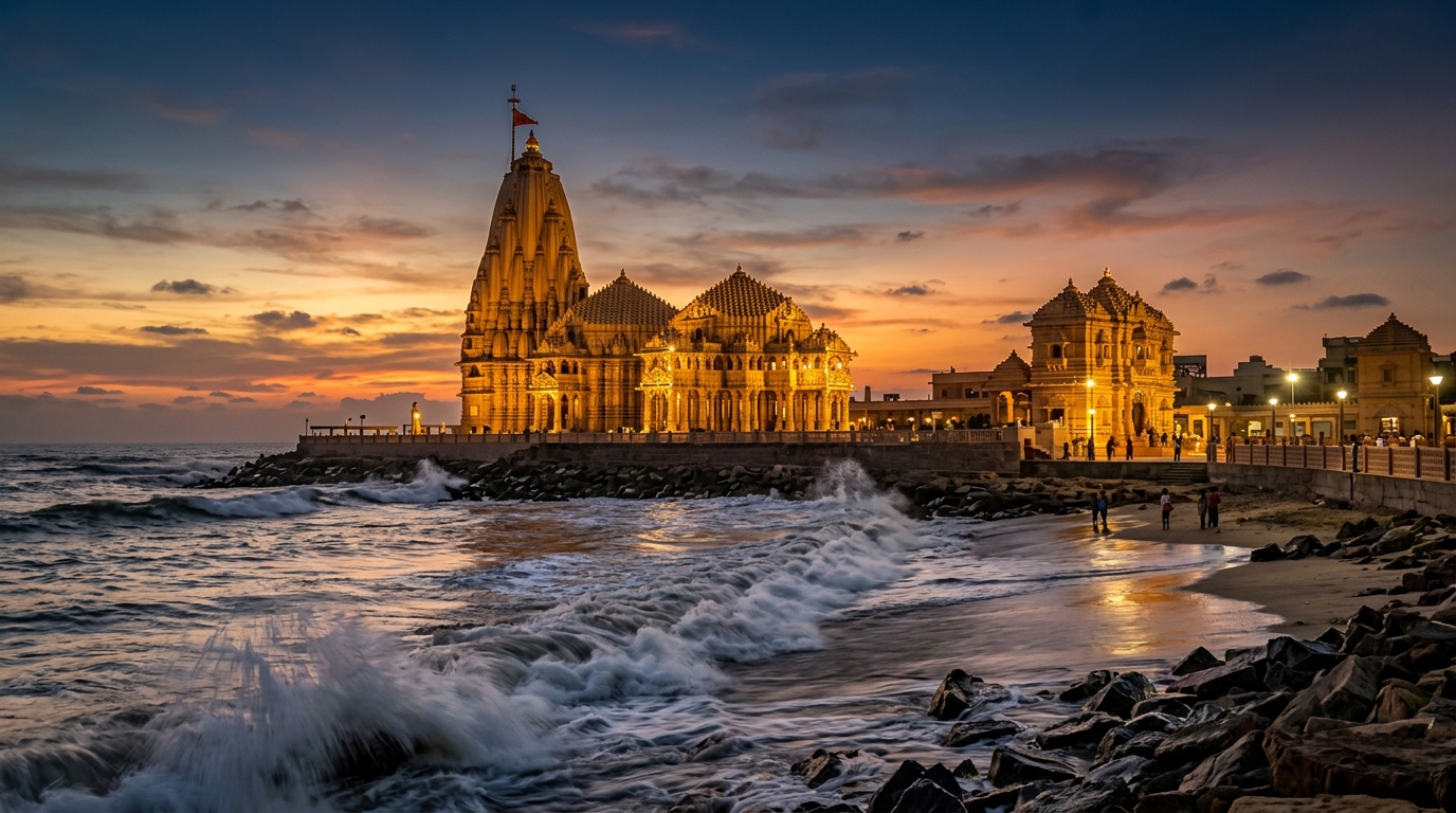 Majestic Somnath Temple illuminated at golden sunset with ocean waves - Journey Tours And Travels Somnath Taxi Service